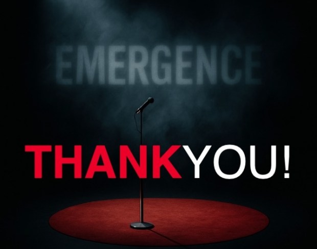 A microphone on a red, circular rug, with the text, "Emergence" in the foggy, black background, and the text, "Thank You!" in red and white.